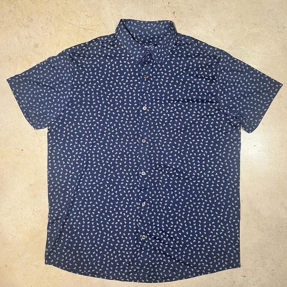 Cotton & Co Button Up Mens L Blue White Paisley Short Sleeve Shirt